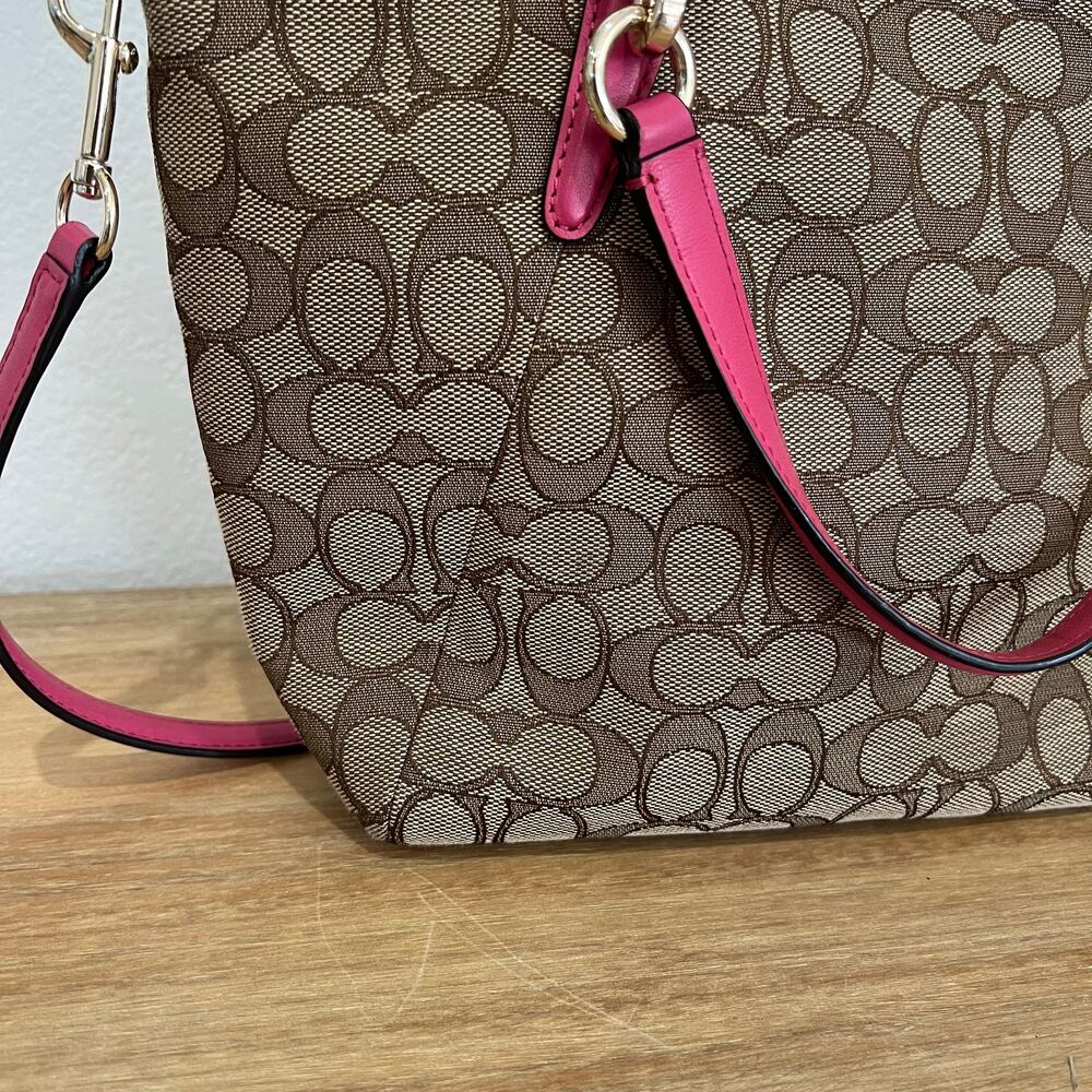 Coach Signature Logo Print Kelsey Bag Purse Canvas Brown Pink Gold Hardware - Picture 8 of 15